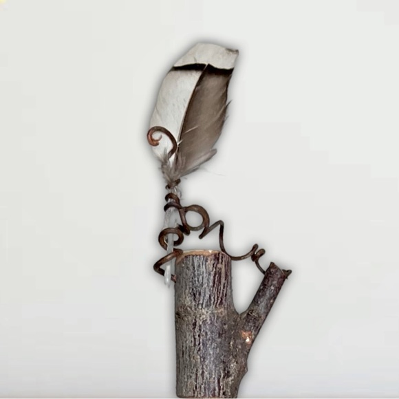 Set of 3 Nature Bowls with Iron Stand & Real Twig and Feather Finial - Picture 3 of 8